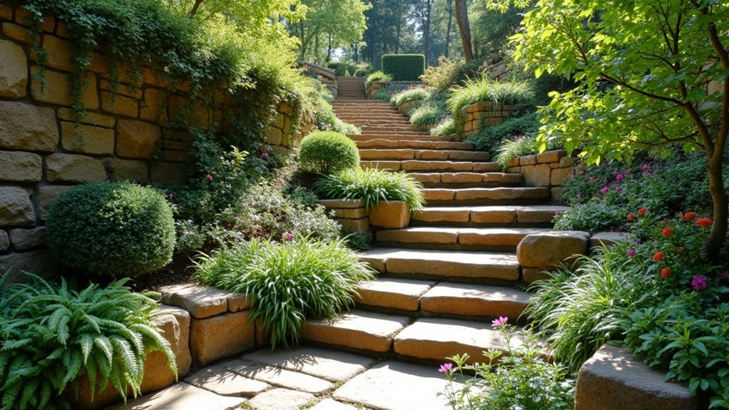 tiered stone walls greenery